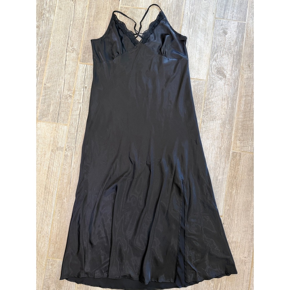 Alcea Rosea Satin Slip Dress Women Medium Black New Lace Trim Side Slit Midi